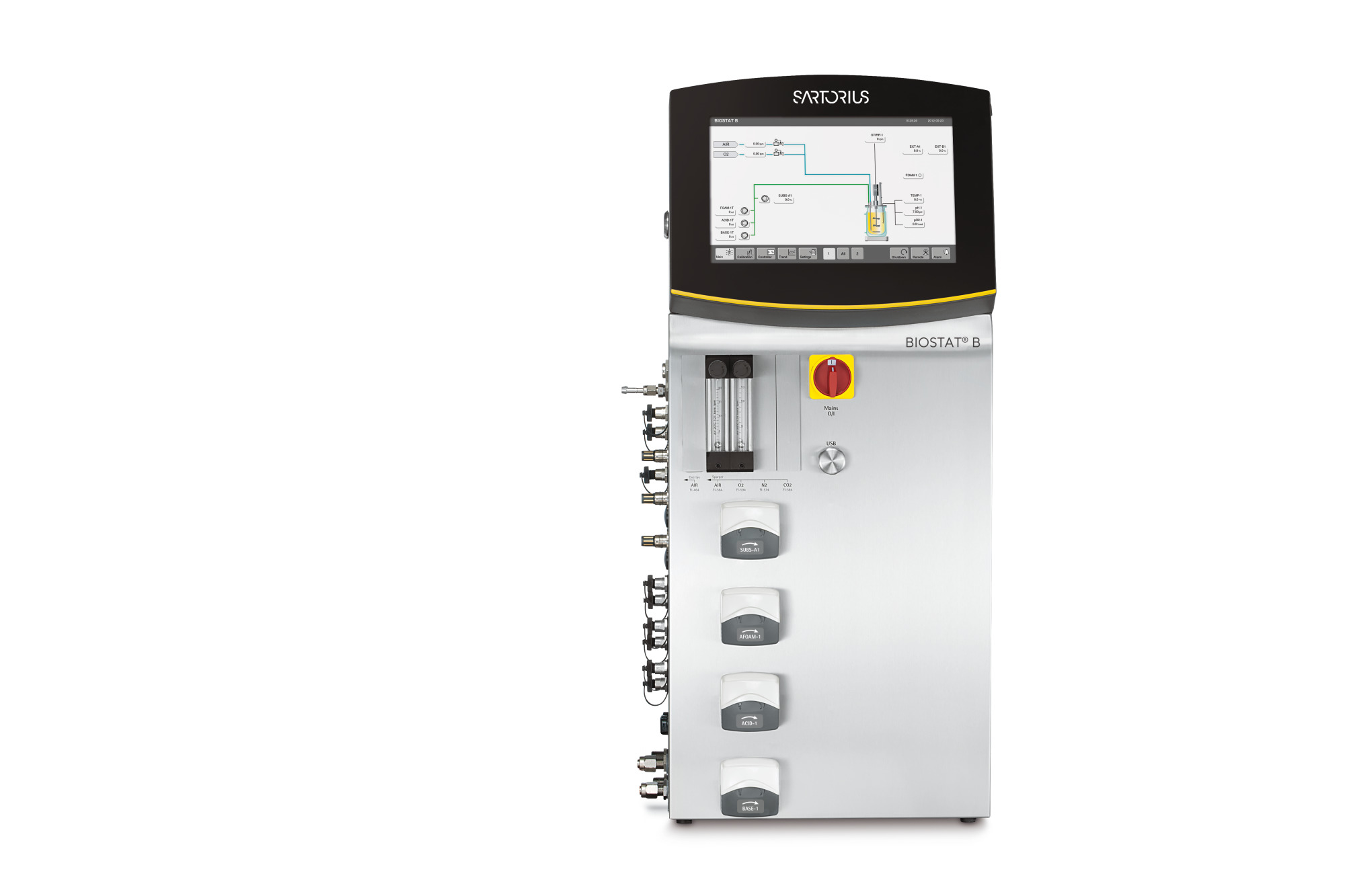 Wieża sterująca Sartorius Biostat B z lokalnym panelem HMI, rotametrami i pompami. Naczynie procesowe jest dobieranym osobno elementem systemu. Fotografia producenta udostępniona w karcie Biostat B w serwisie Bioreaktory.